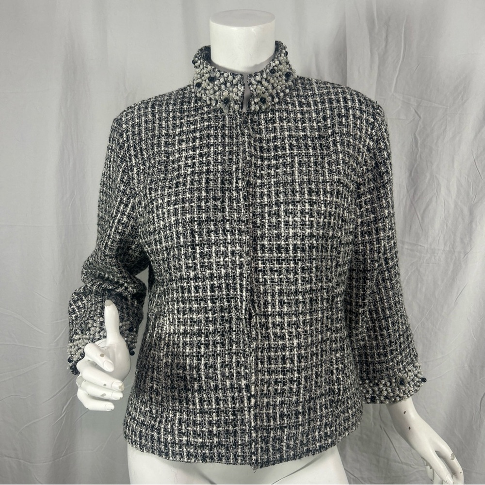 Chico’s Chic Pearl Jacqueline Jacket Black White Tweed Beaded SZ 2